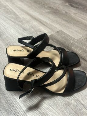 Life Stride Black Strappy Block Heel Sandals with Ankle Buckle